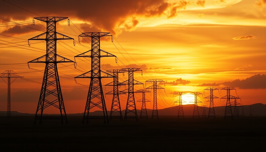 Power lines at sunset reflecting potential DOE funding cuts.