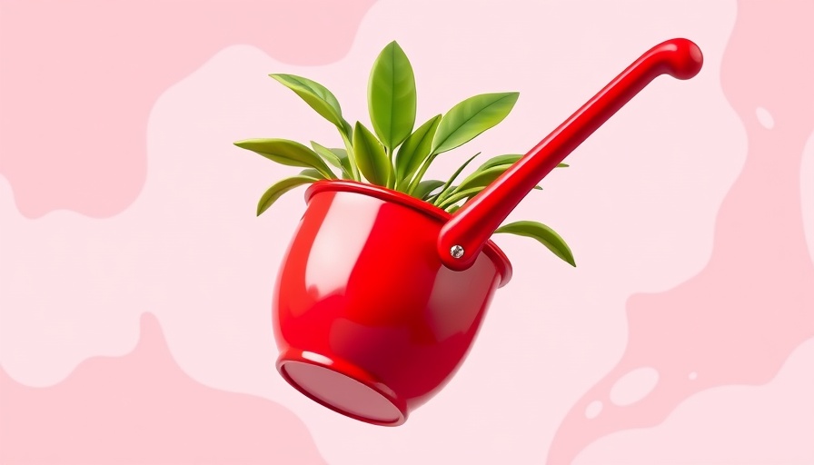 Red long-handled bulb planter on pink background.