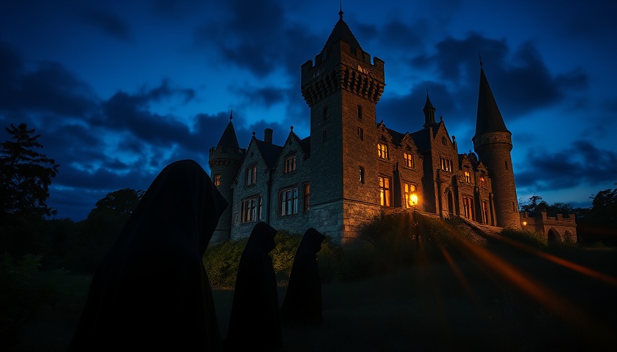 Eerie castle at night with cloaked figures in 'Where is Celebrity Traitors filmed?' setting.