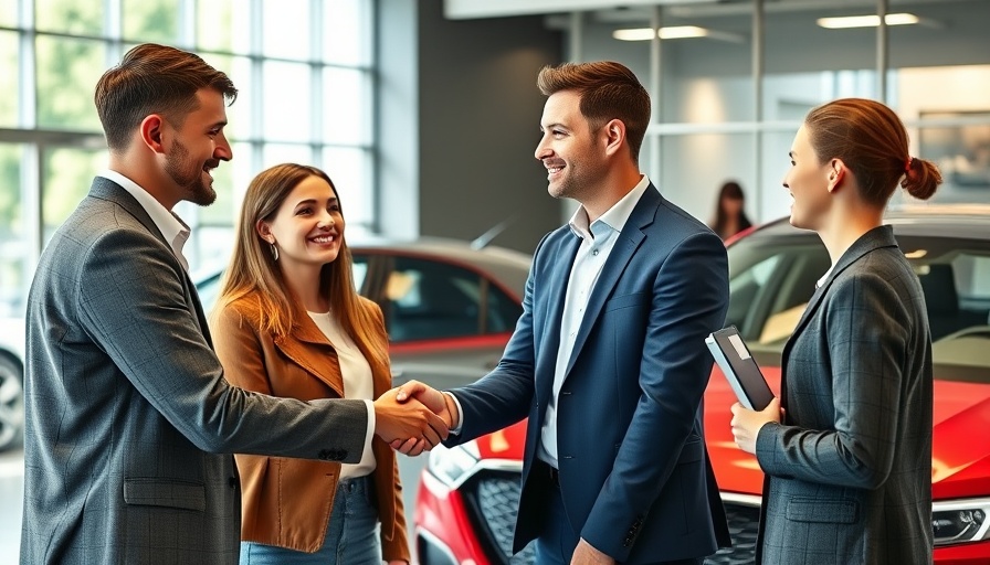 Young couple shaking hands with salesman in car showroom, FCA car loan compensation scheme.