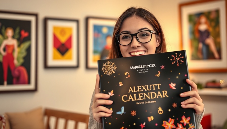 Young woman holding Marks and Spencer Beauty Advent Calendar, smiling.