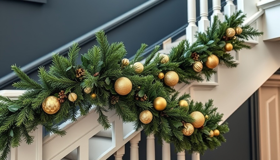 Elegant Christmas garlands with paper ornaments on a staircase.