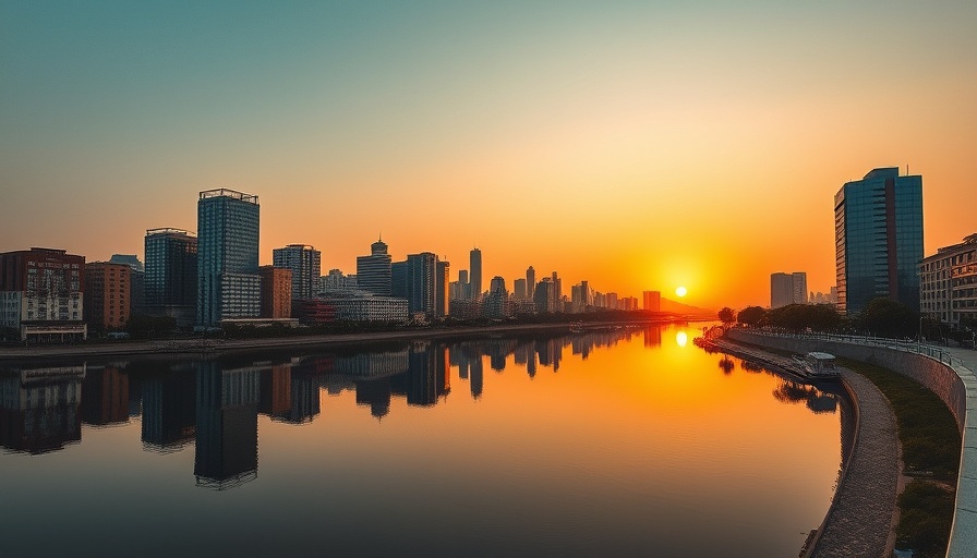 Serene sunrise over Manchester skyline reflecting on water.