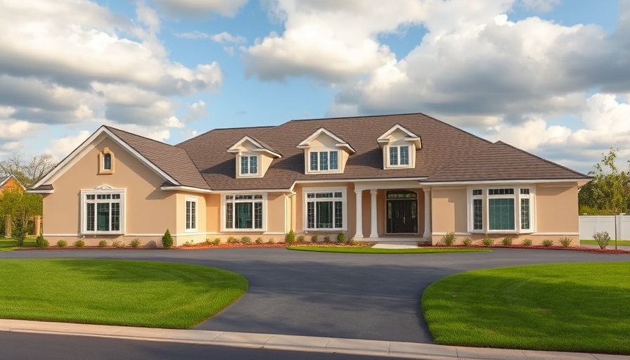 Suburban home with a large garden and driveway, lush landscaping.