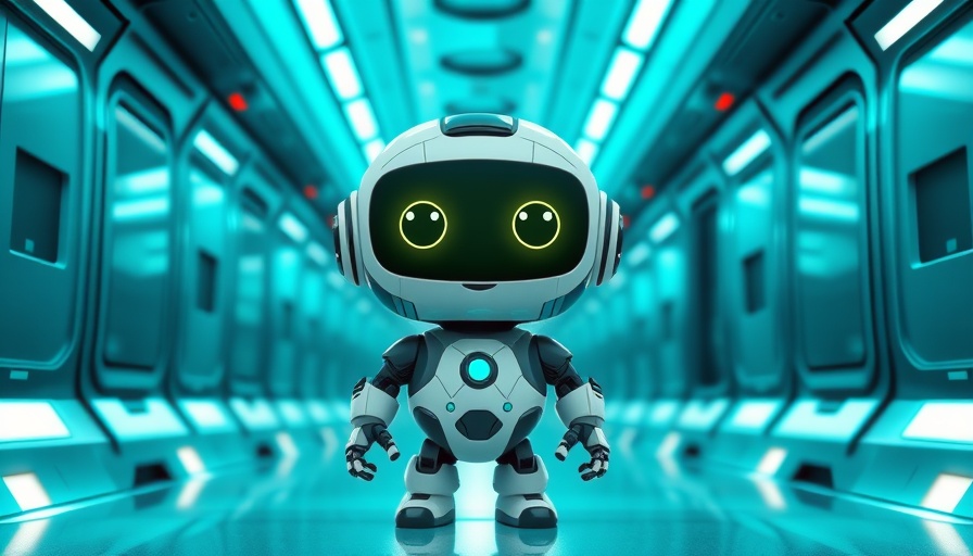 Cute cartoon robot in a futuristic corridor, AI-powered mini PC theme.