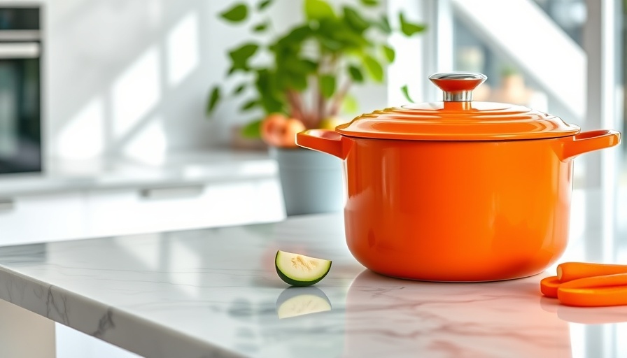 Colorful cookware in modern kitchen setting.