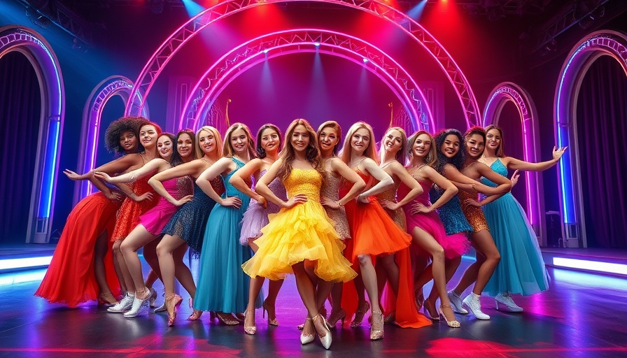 Strictly Come Dancing ensemble in colorful costumes on vibrant set.