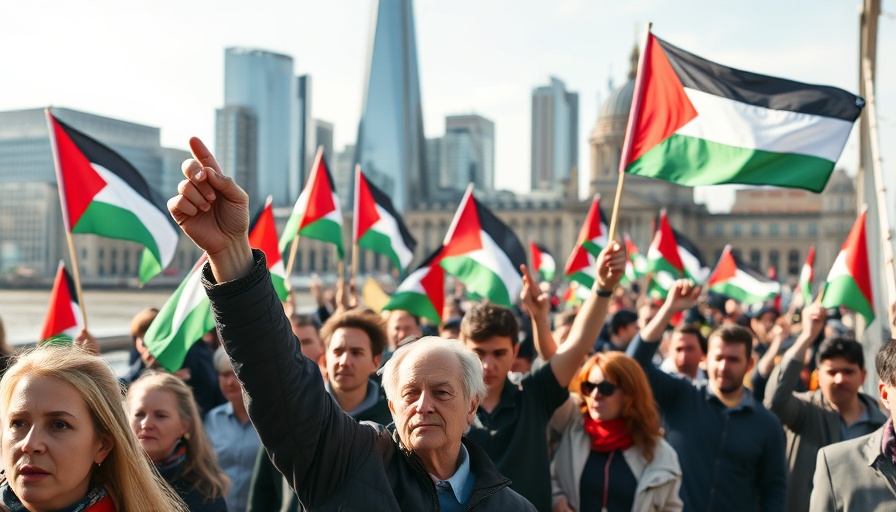 London Palestine protests with flags on bridge and city skyline.