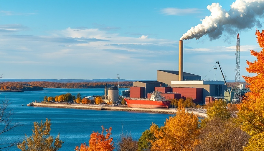 Industrial plant by lake with cargo ship, Liquid Wind eMethanol funding.