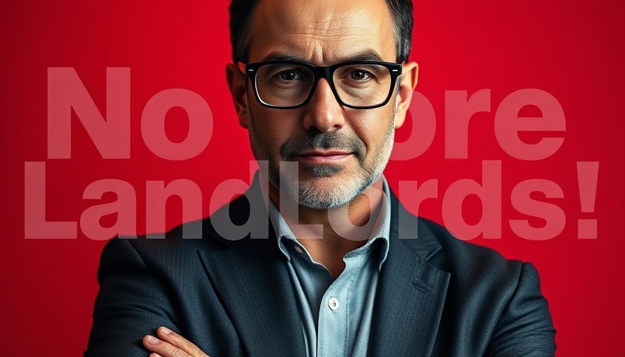 Serious man with 'No More Landlords!' text over red backdrop.