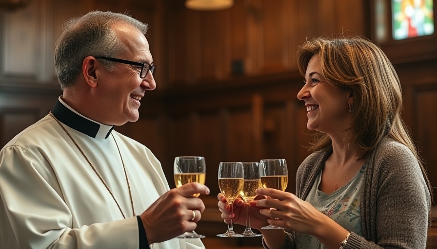 Fleabag BBC show priest and woman sharing a toast in warm setting.