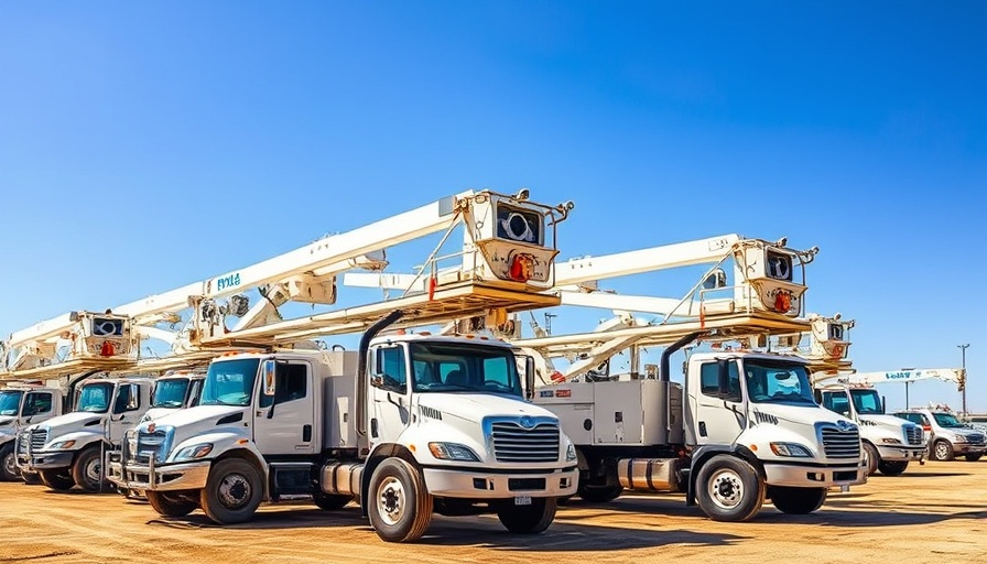 Utility trucks in a lot, related to powerline acquisition.