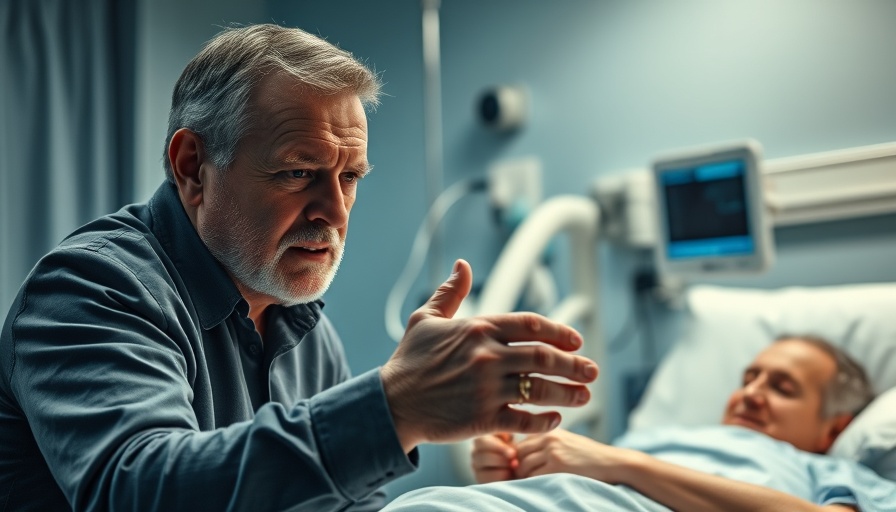 Emotional scene in hospital with worried man holding patient's hand.