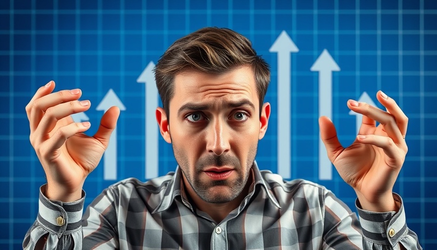 Confused man against a backdrop of declining market arrows.