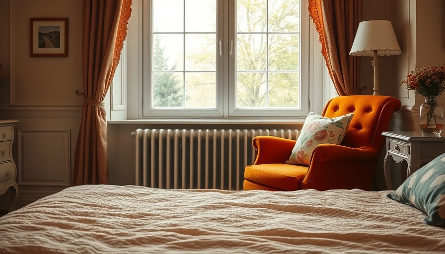 Vintage-inspired room with an orange chair near a white radiator.