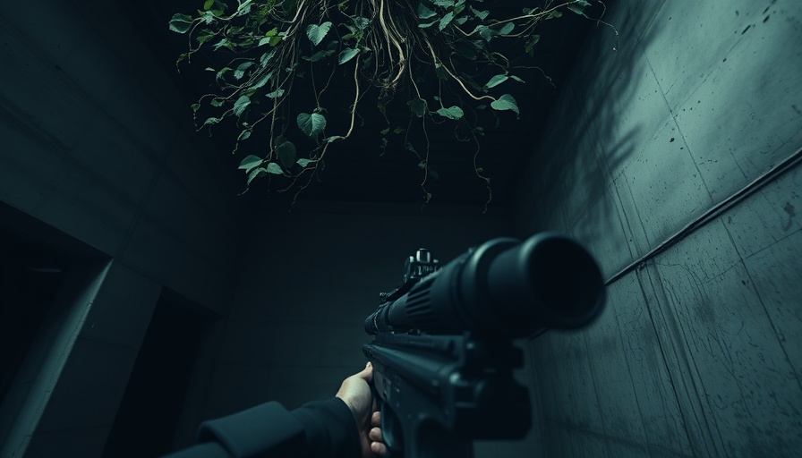 Futuristic weapon aiming in dark extraction shooter environment