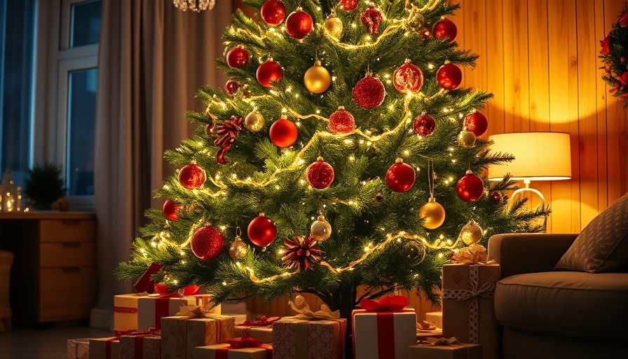 Festive Christmas tree and decor in a cozy living room.