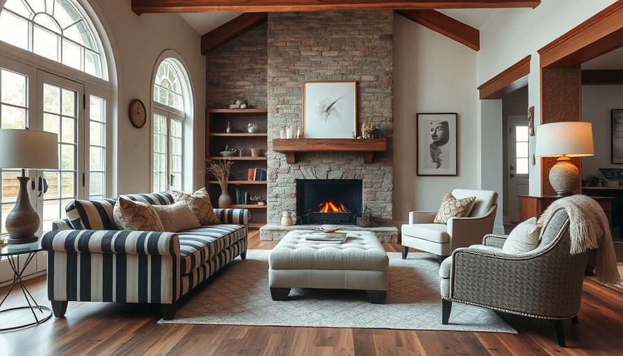 Charming living room decor with fireplace and striped sofa.