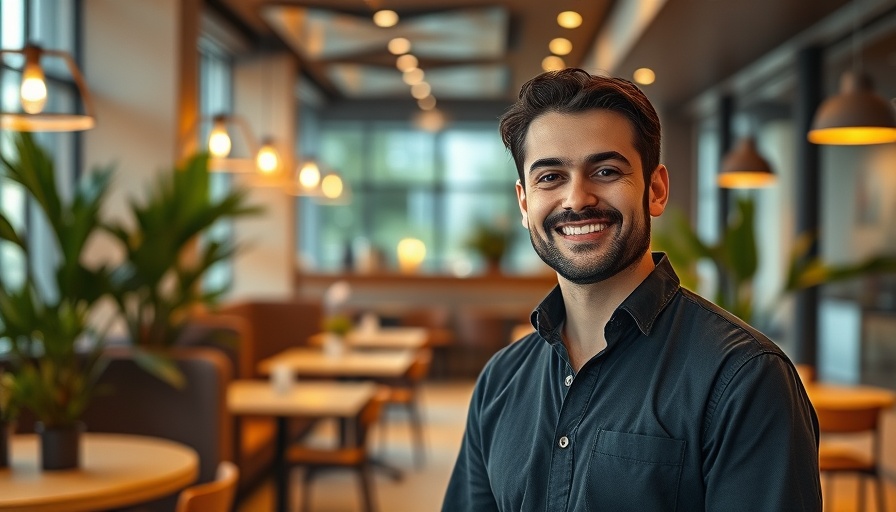 Smiling young man in restaurant, highlighting transform tipping for frontline workers.