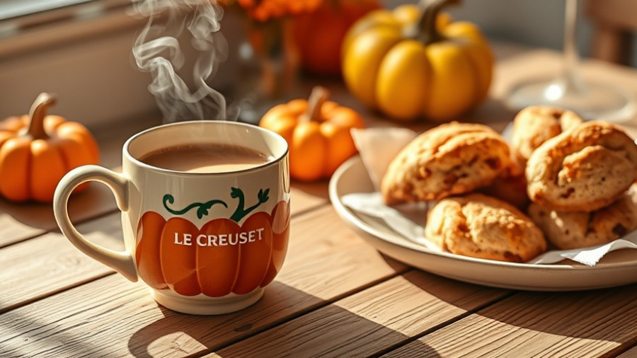 Le Creuset pumpkin mugs with coffee on a rustic table