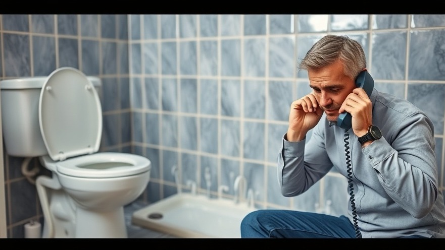 Man on phone calling emergency plumbers with overflowing toilet in background.