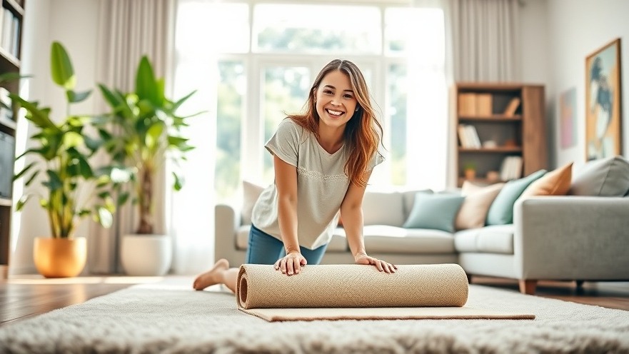 Cheerful woman rolling up a carpet, enhancing indoor air quality with eco-friendly cleaning.