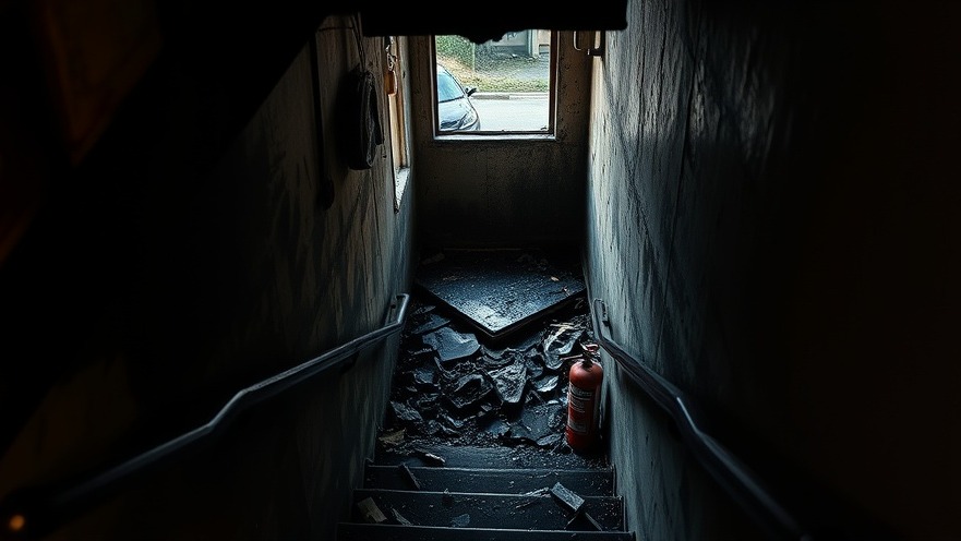 Fire hazard prevention: after a fire in a narrow stairwell with burnt debris.