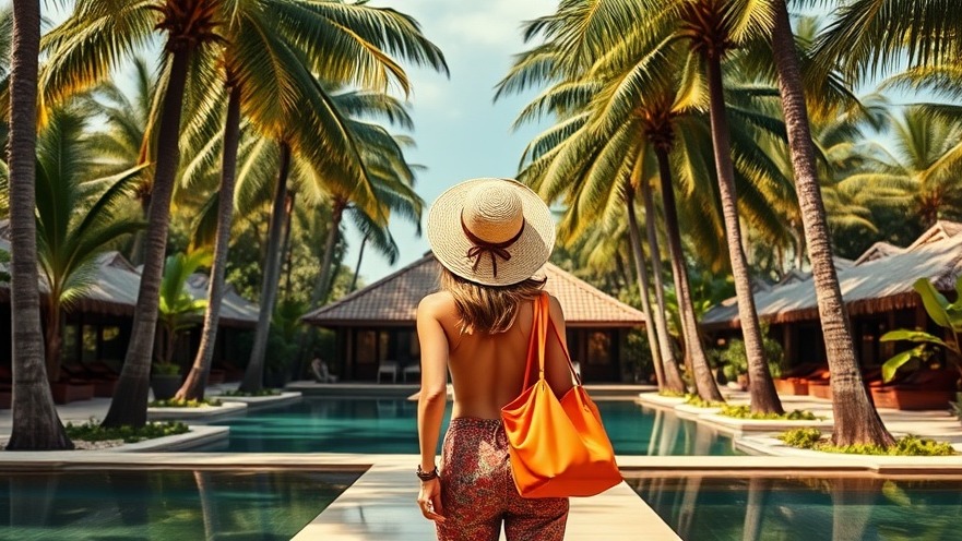 Stylish female traveler with travel tips walking towards a traditional hut in a tropical resort.