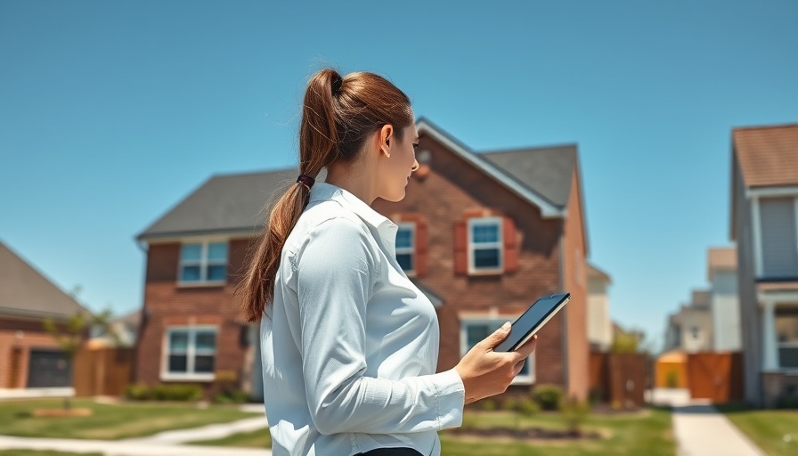 Property Surveyor evaluating new build home, sunny suburban setting.