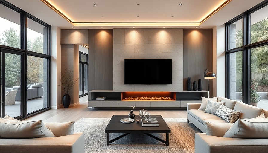 Modern media wall with fireplace in luxurious living room.