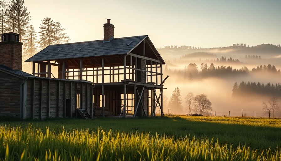 Partially constructed house with scaffolding, early morning.