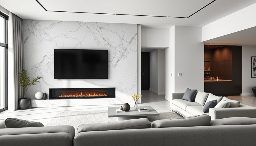 Sleek living room with a modern media wall and fireplace design.