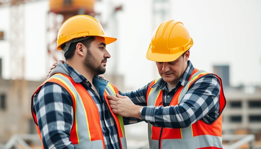 Construction workers supporting injured colleague, showcasing camaraderie.