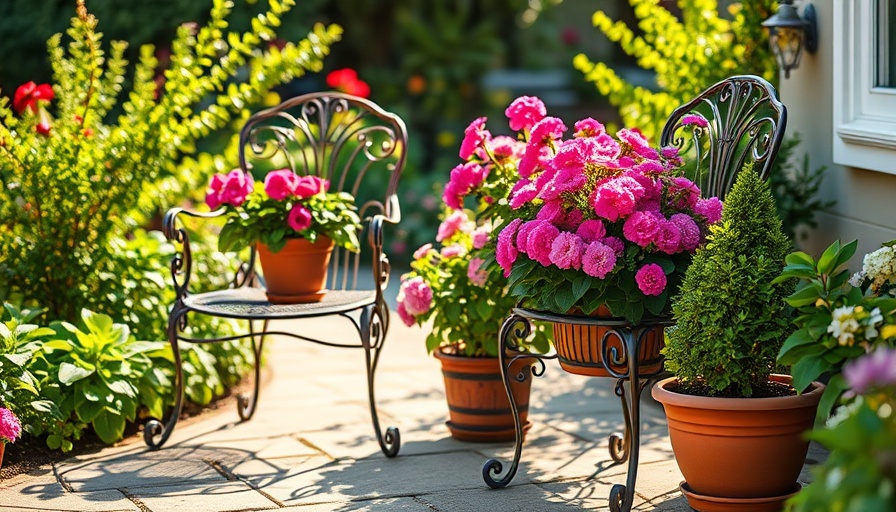 Tranquil garden with potted plants and chairs, ideal for cleaning your garden tips.