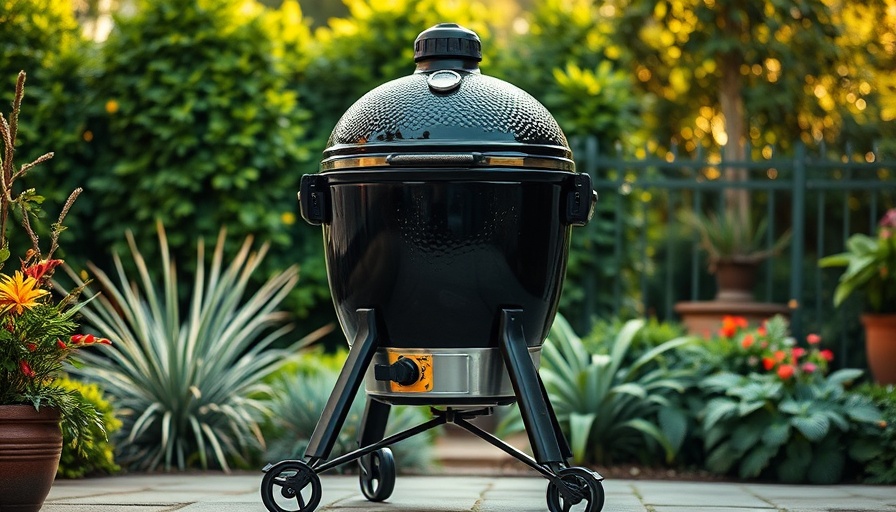 Stylish Kamado BBQ grill in a sunlit garden patio, Aldi Kamado BBQ price drop.