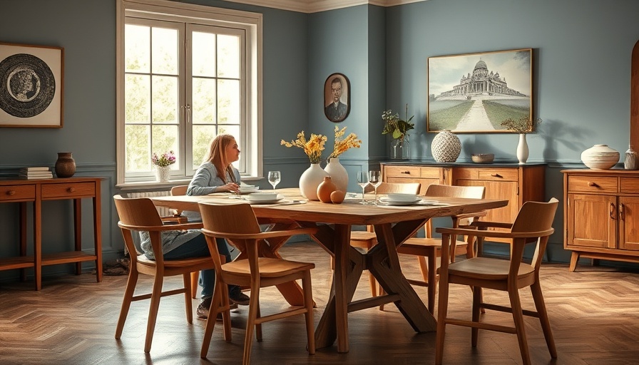 Stylish dining room with blue walls and natural wood furniture.