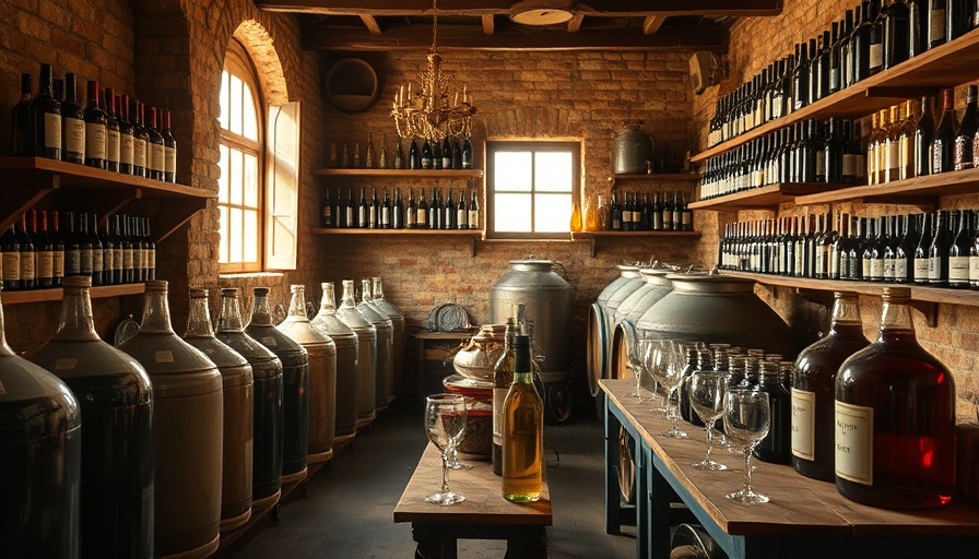 Rustic amateur winemaking room with colorful carboys and bottles.