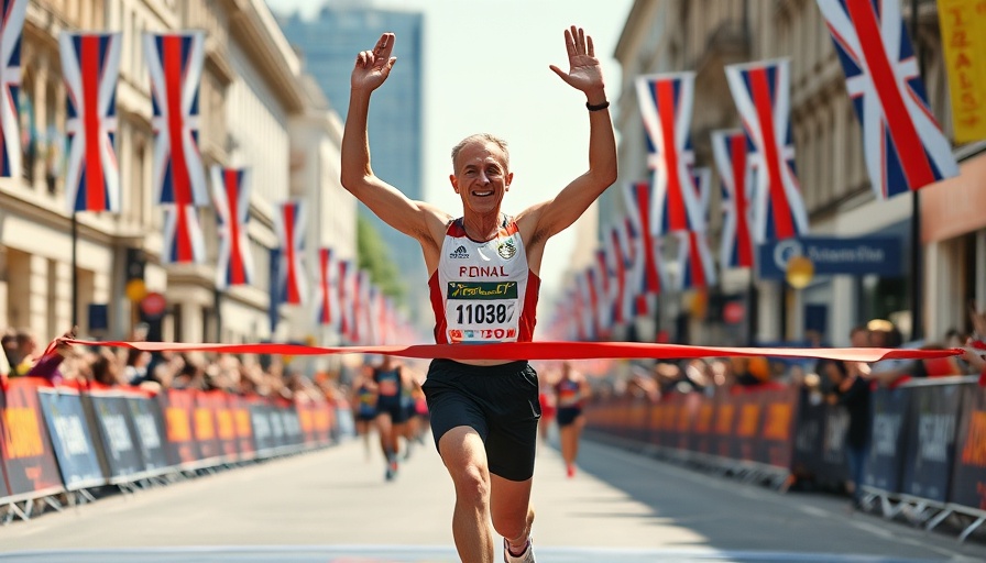 Marathon runner celebrates crossing finish line at London Marathon.