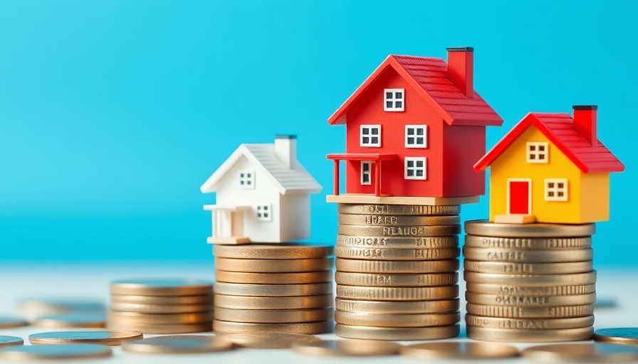 Miniature houses on coins symbolize UK mortgage rates.