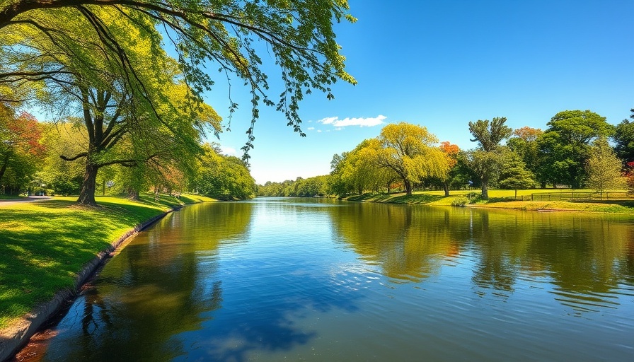 Serene riverside view in London under clear blue sky.