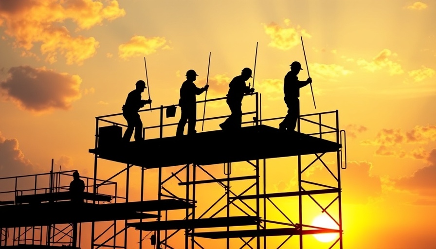 Silhouetted construction workers at UK build to rent market site during sunrise.