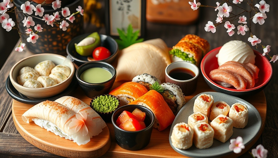 Japanese cuisine feast with sushi, mochi, sakura desserts.