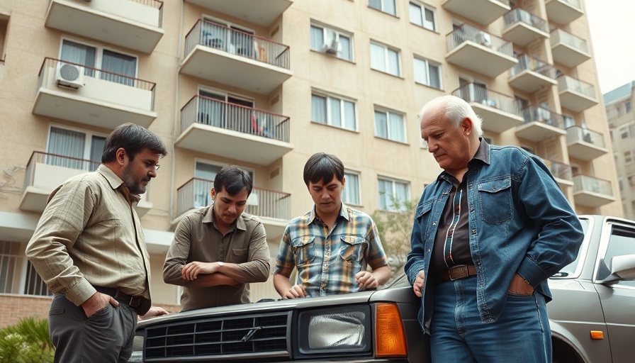 Only Fools and Horses characters inspecting a car engine outside.