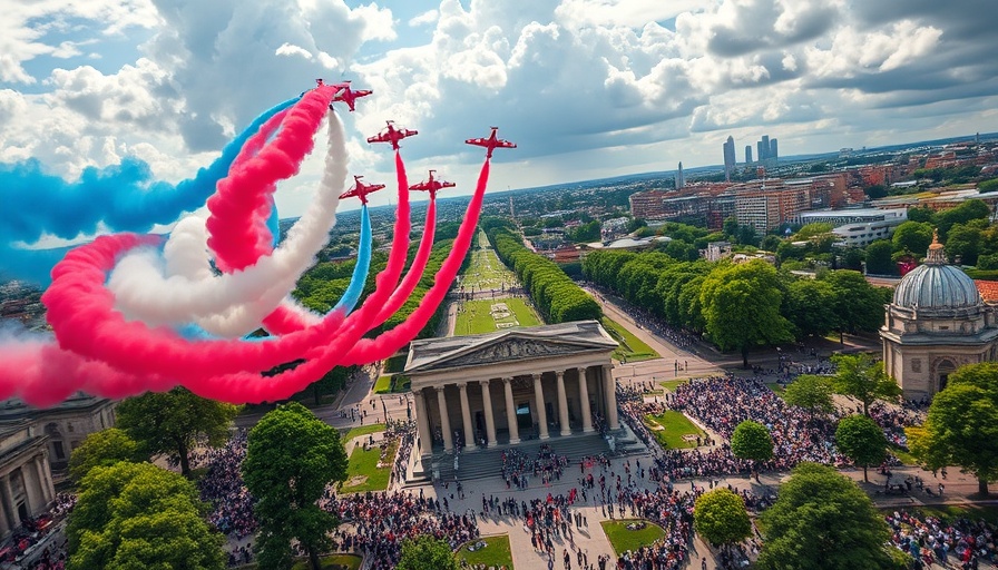 Red Arrows flypast over VE Day 80 celebration crowd.
