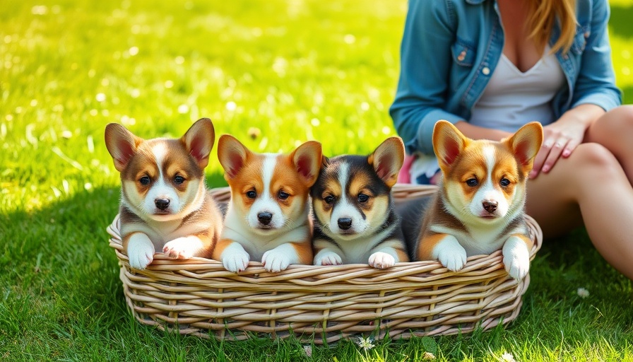 Corgi puppies in a basket on lawn, perfect for animal lover side hustles.