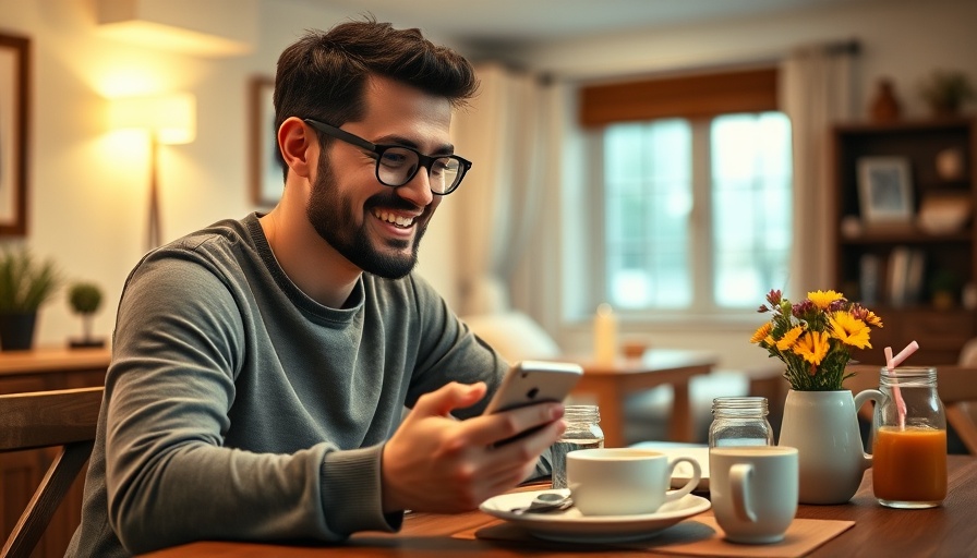 Smiling man using phone to make money while having breakfast
