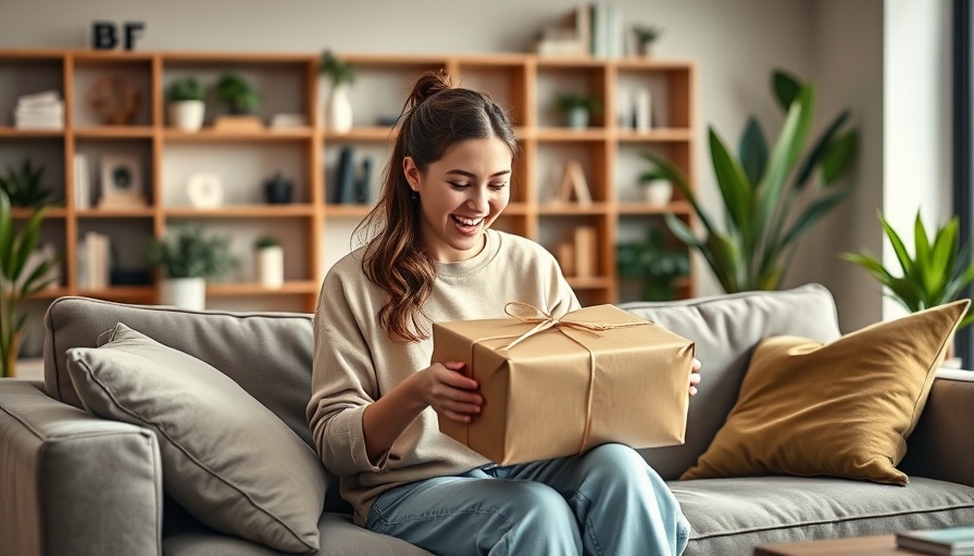 Woman opening a subscription box gift in a cozy living room.