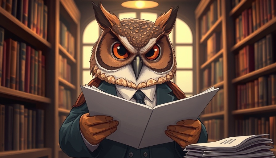 Wise owl in a suit analyzing documents in a cozy library.