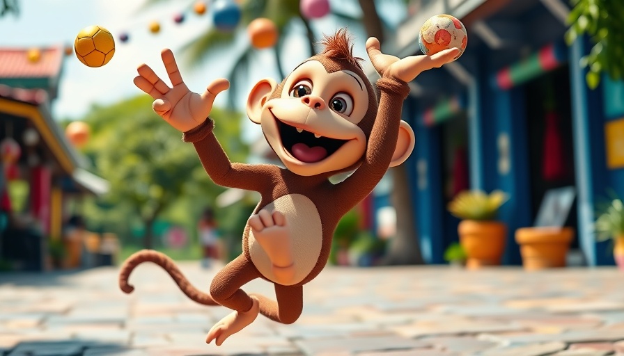 Cartoon monkey juggling Starbucks and Chipotle logos.