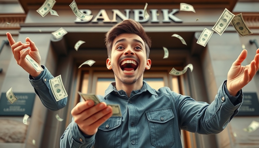 Animated young man embracing wealth outside bank, Raisin New Account Bonus.